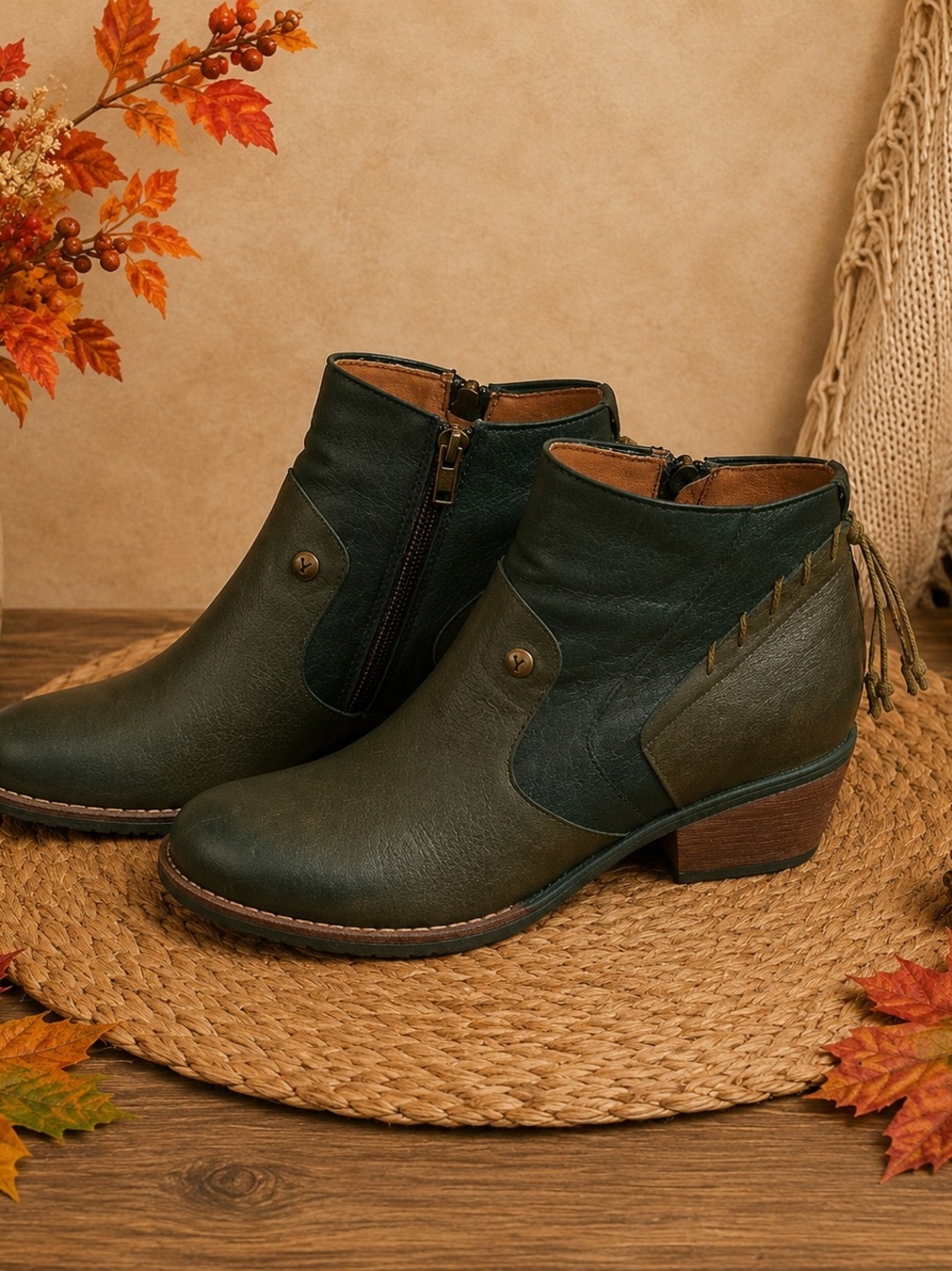 Wanda Panda Two Tone Green Leather Boho Western Ankle Boots 38